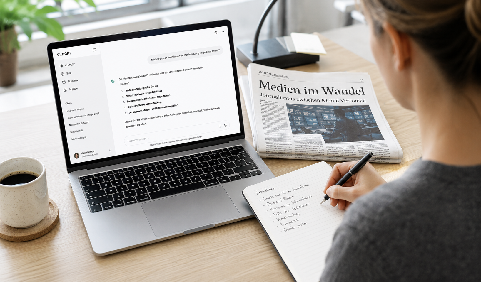 Schreibtisch einer Redaktion mit KI-Chatfenster, daneben aufgeschlagene Notizen - Journalist:in prüft KI-generierte Inhalte