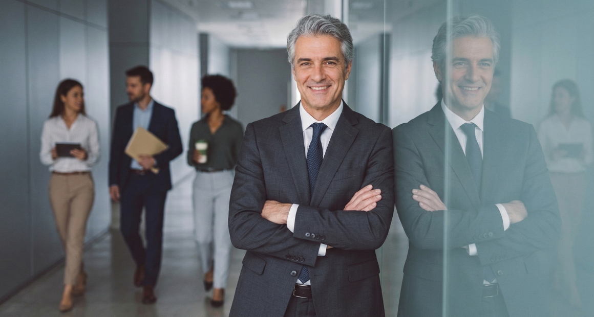 Ein freundlich lächelnder Geschäftsführer um die 50 im eleganten Business-Anzug steht mit verschränkten Armen in einem modernen, hellen Büroflur. Im Hintergrund sind angedeutete Mitarbeiter in Bewegung zu sehen, was eine dynamische und nahbare Arbeitsatmosphäre sowie eine aktive interne Kommunikation symbolisiert.